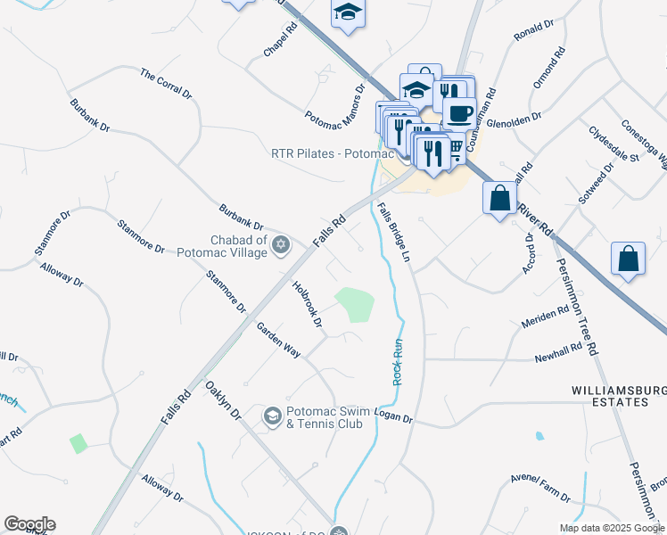 map of restaurants, bars, coffee shops, grocery stores, and more near 10308 Snowpine Way in Rockville
