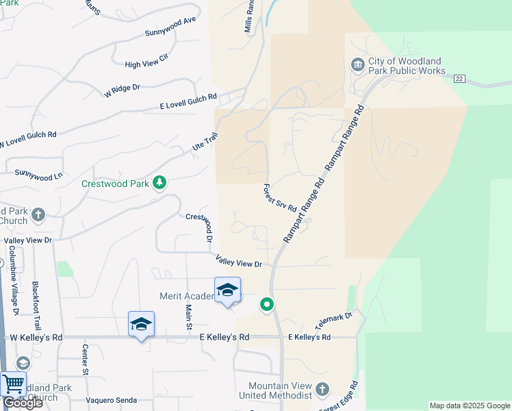 map of restaurants, bars, coffee shops, grocery stores, and more near 1400 Rampart Range Road in Woodland Park