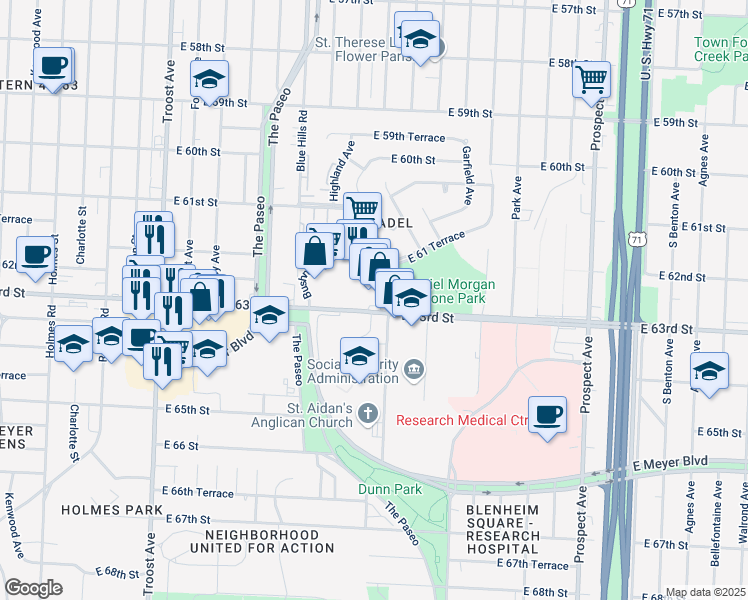 map of restaurants, bars, coffee shops, grocery stores, and more near in Kansas City