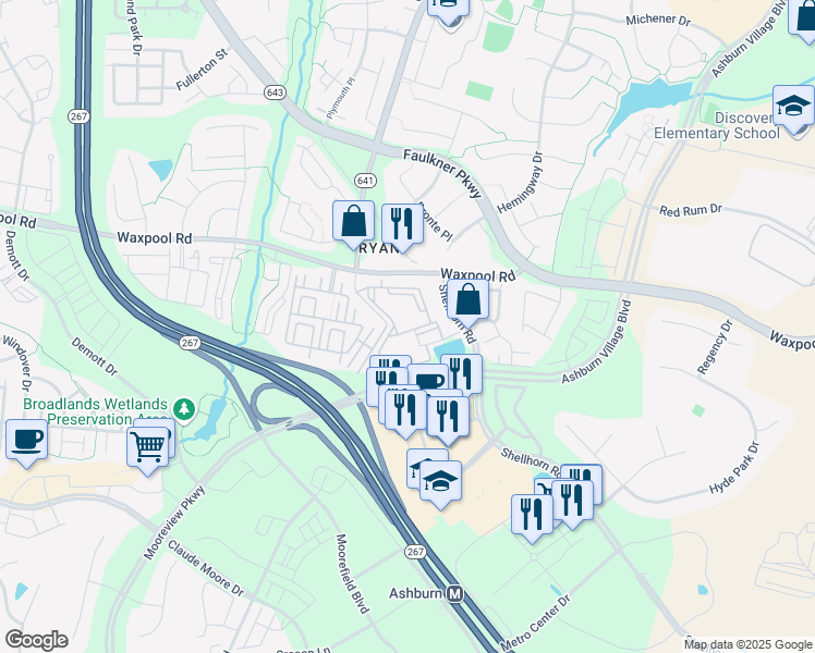 map of restaurants, bars, coffee shops, grocery stores, and more near 43552 Evergold Terrace in Ashburn
