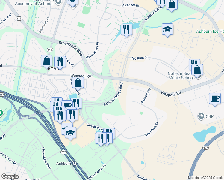 map of restaurants, bars, coffee shops, grocery stores, and more near 43812 Middleway Terrace in Ashburn