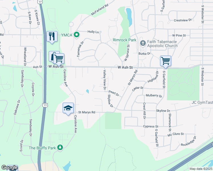 map of restaurants, bars, coffee shops, grocery stores, and more near 1027 Valley View Drive in Junction City