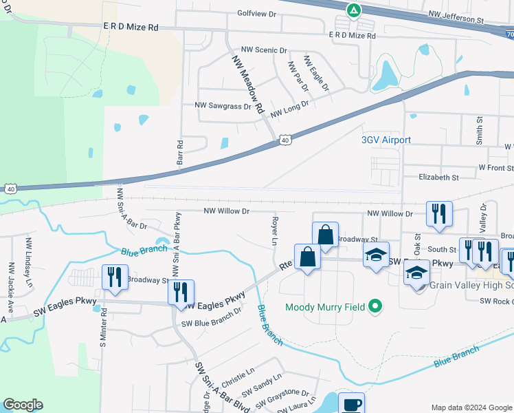 map of restaurants, bars, coffee shops, grocery stores, and more near 1108 Northwest Willow Drive in Grain Valley