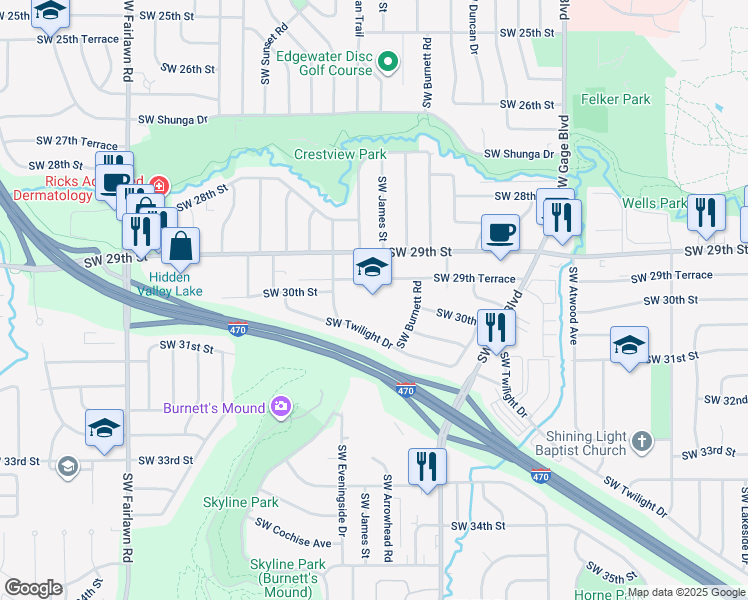 map of restaurants, bars, coffee shops, grocery stores, and more near 4433 Southwest 29th Terrace in Topeka