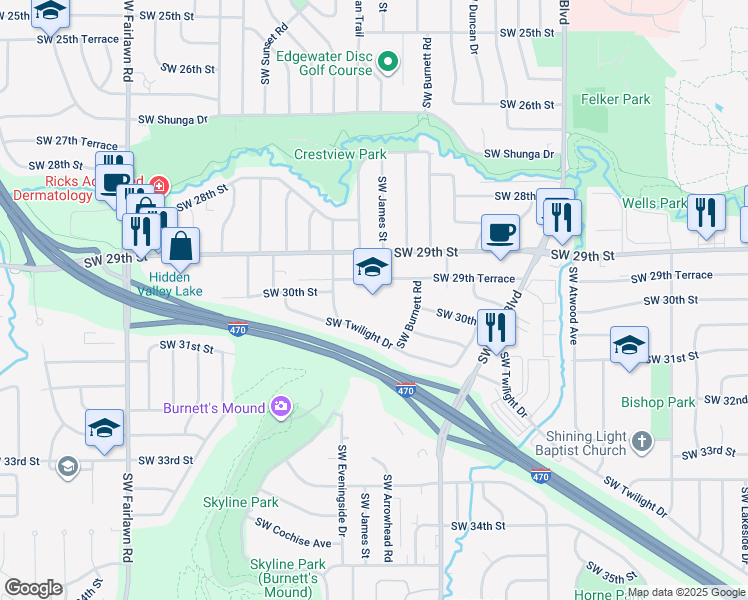 map of restaurants, bars, coffee shops, grocery stores, and more near 4433 Southwest 29th Terrace in Topeka