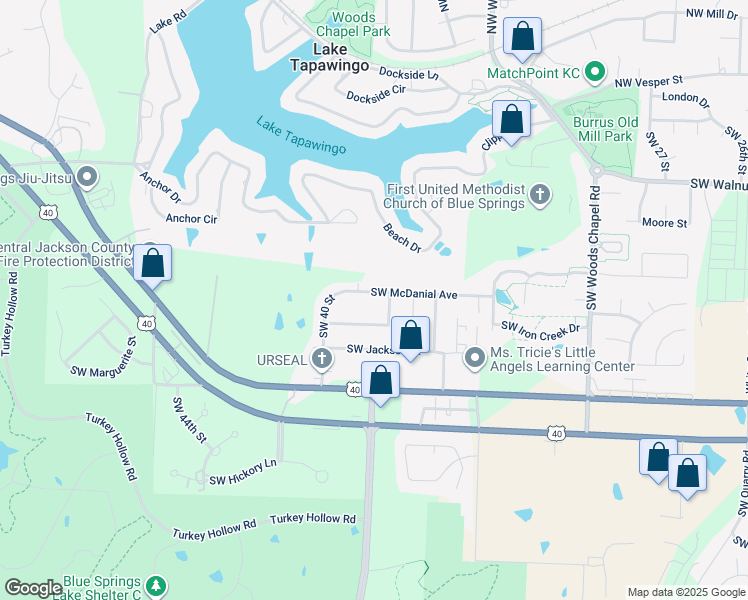map of restaurants, bars, coffee shops, grocery stores, and more near 3804 Southwest McDanial Avenue in Blue Springs