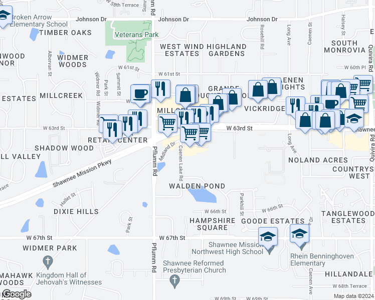 map of restaurants, bars, coffee shops, grocery stores, and more near 13233 Shawnee Mission Parkway in Shawnee