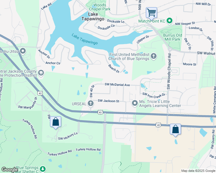 map of restaurants, bars, coffee shops, grocery stores, and more near 3804 Southwest Mc Danial Avenue in Blue Springs