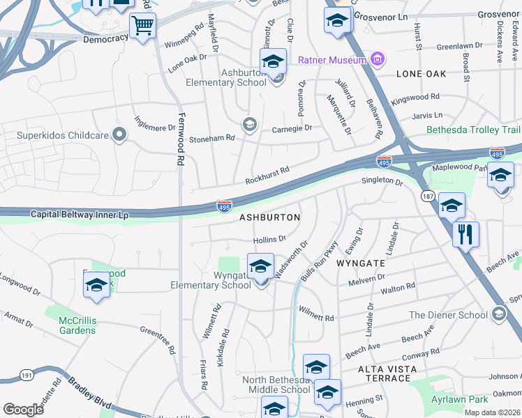 map of restaurants, bars, coffee shops, grocery stores, and more near 9839 Singleton Drive in Bethesda