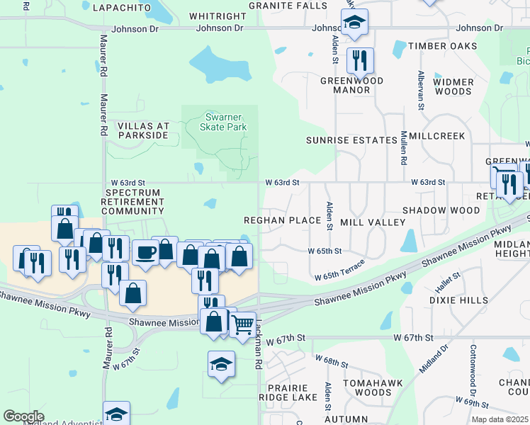 map of restaurants, bars, coffee shops, grocery stores, and more near 15005 West 64th Street in Shawnee