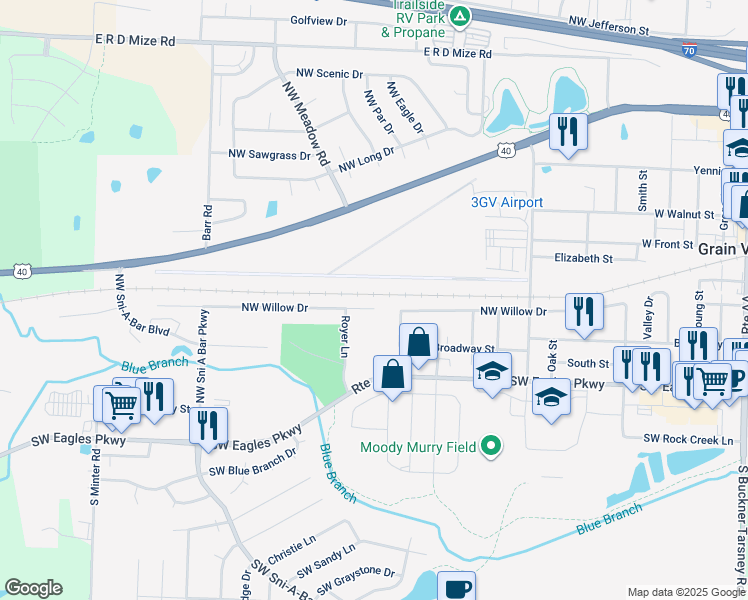 map of restaurants, bars, coffee shops, grocery stores, and more near 1028 Northwest Willow Drive in Grain Valley