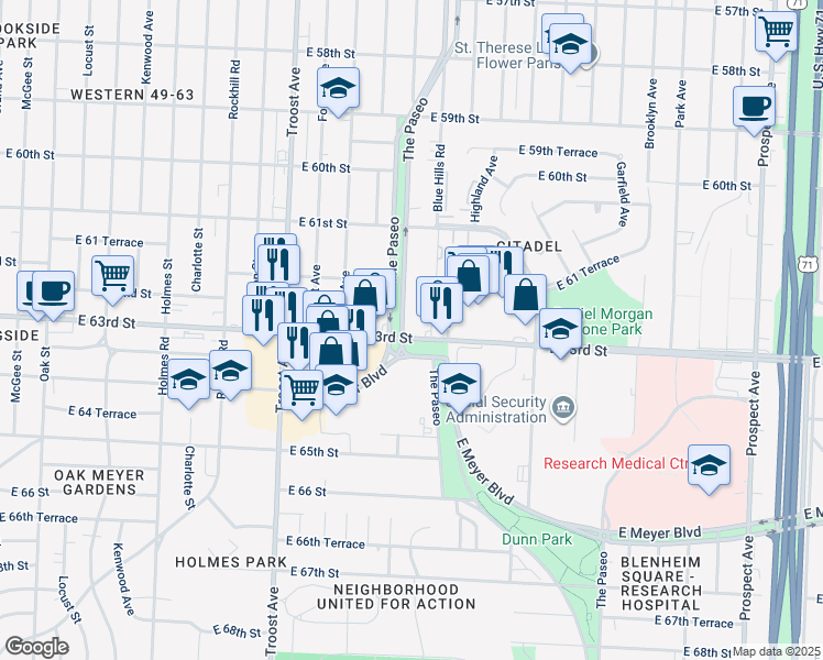map of restaurants, bars, coffee shops, grocery stores, and more near 1414 East 63rd Street in Kansas City