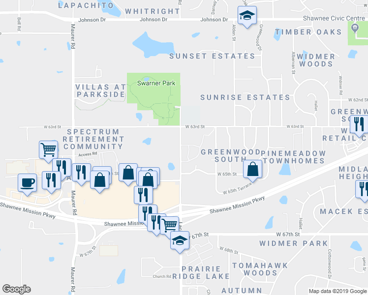 map of restaurants, bars, coffee shops, grocery stores, and more near 15005 West 64th Street in Shawnee