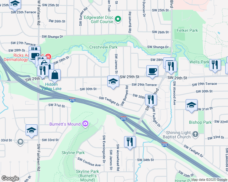 map of restaurants, bars, coffee shops, grocery stores, and more near 4433 Southwest 29th Terrace in Topeka