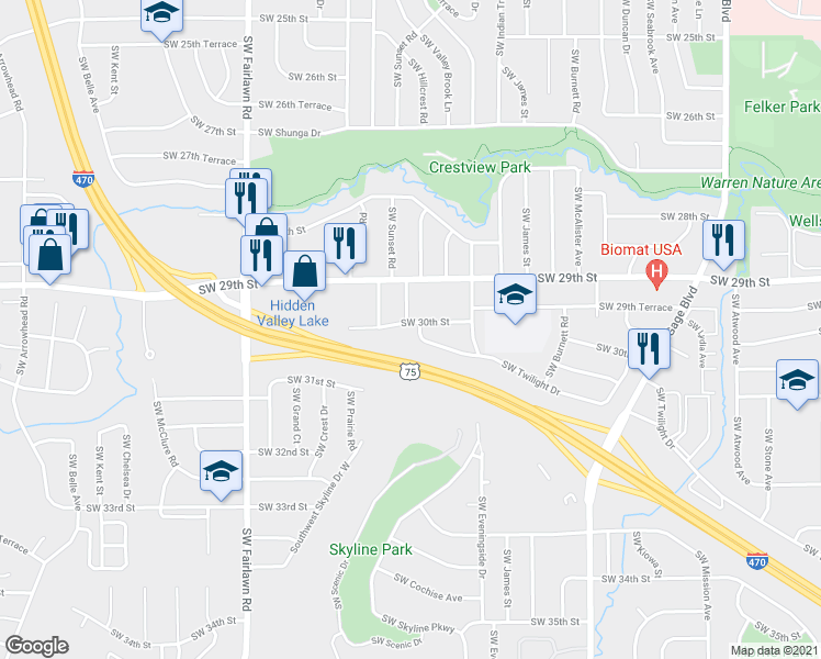 map of restaurants, bars, coffee shops, grocery stores, and more near 4801 Southwest 30th Street in Topeka