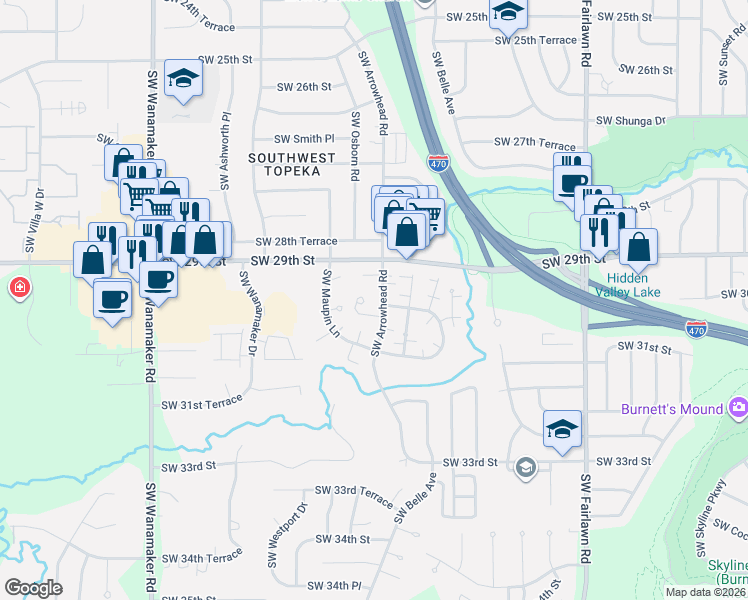 map of restaurants, bars, coffee shops, grocery stores, and more near 2925 Southwest Arrowhead Road in Topeka
