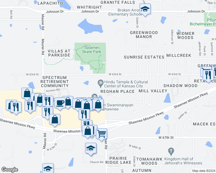map of restaurants, bars, coffee shops, grocery stores, and more near 15005 West 64th Street in Shawnee