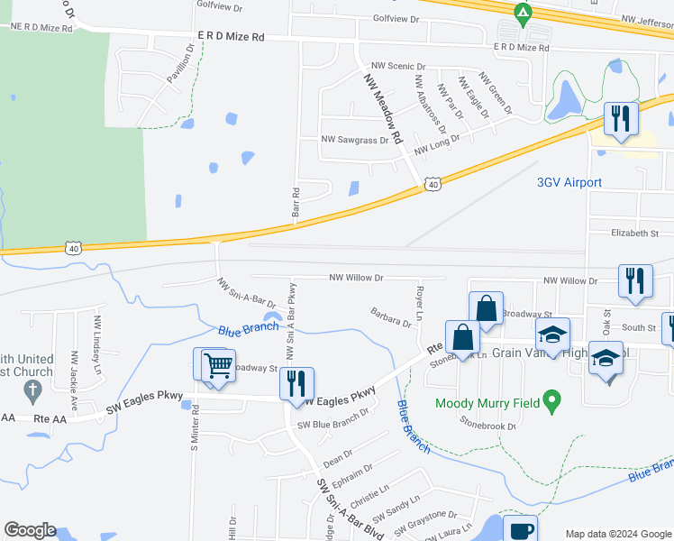 map of restaurants, bars, coffee shops, grocery stores, and more near 1210 Northwest Willow Drive in Grain Valley