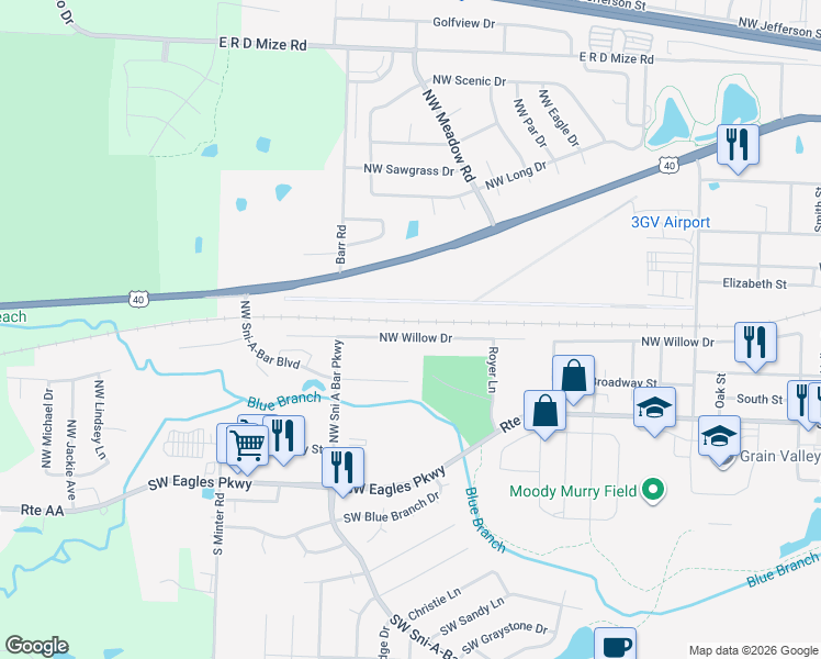 map of restaurants, bars, coffee shops, grocery stores, and more near 1210 Northwest Willow Drive in Grain Valley
