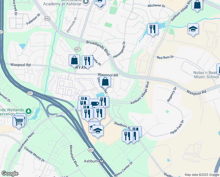 map of restaurants, bars, coffee shops, grocery stores, and more near 21799 Ryan Park Terrace in Ashburn