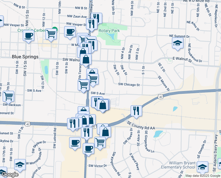 map of restaurants, bars, coffee shops, grocery stores, and more near 503 Southwest 6th Street in Blue Springs
