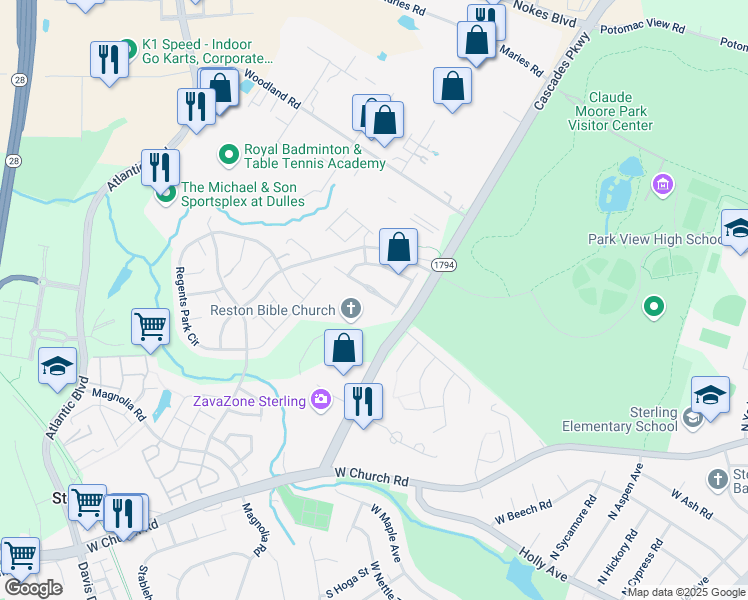 map of restaurants, bars, coffee shops, grocery stores, and more near 45785 Smoketree Terrace in Sterling