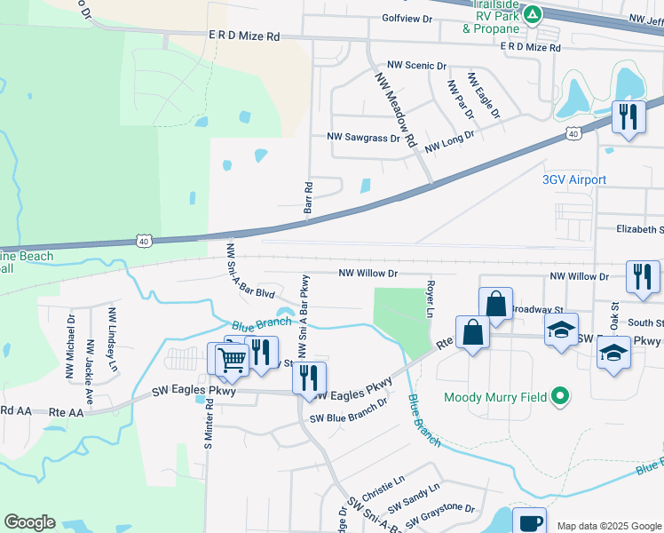 map of restaurants, bars, coffee shops, grocery stores, and more near 1218 Northwest Willow Drive in Grain Valley