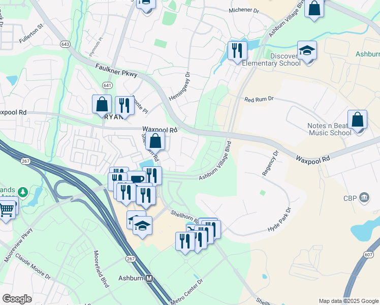 map of restaurants, bars, coffee shops, grocery stores, and more near 21828 Ladyslipper Square in Ashburn