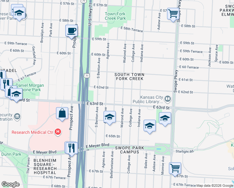 map of restaurants, bars, coffee shops, grocery stores, and more near 6208 Walrond Avenue in Kansas City