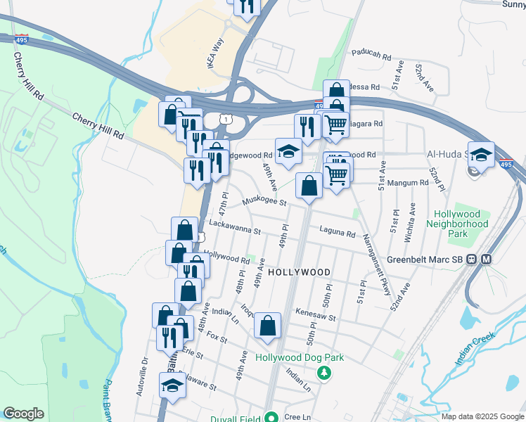map of restaurants, bars, coffee shops, grocery stores, and more near 4804 Laguna Road in College Park