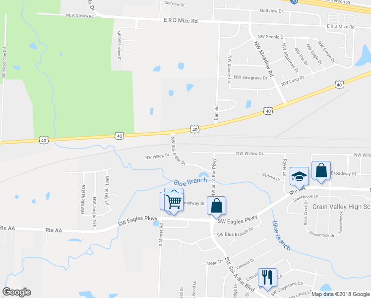 map of restaurants, bars, coffee shops, grocery stores, and more near 1320 Northwest Willow Drive in Grain Valley
