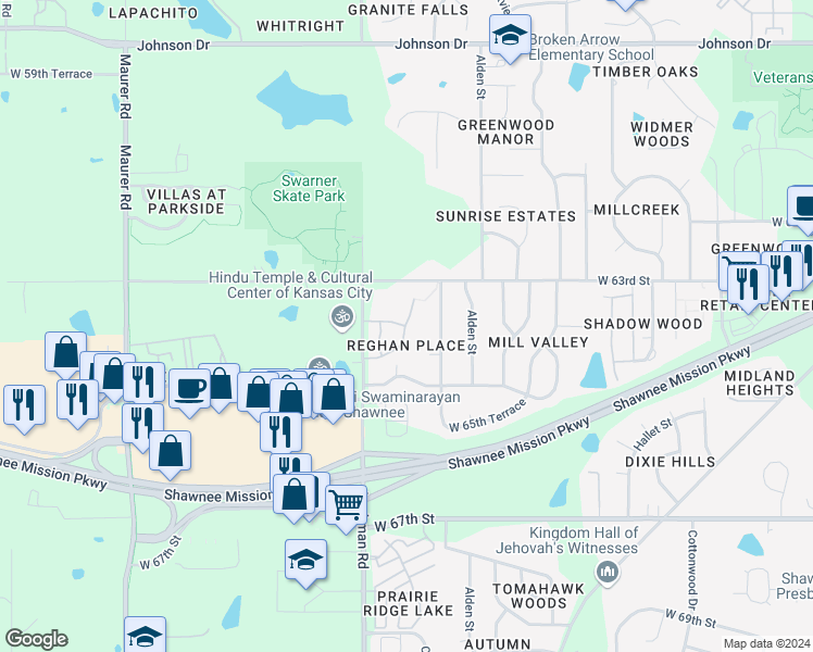 map of restaurants, bars, coffee shops, grocery stores, and more near 6403 Darnell Street in Shawnee