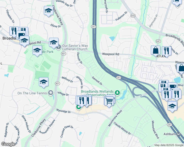 map of restaurants, bars, coffee shops, grocery stores, and more near 43234 Farringdon Square in Ashburn