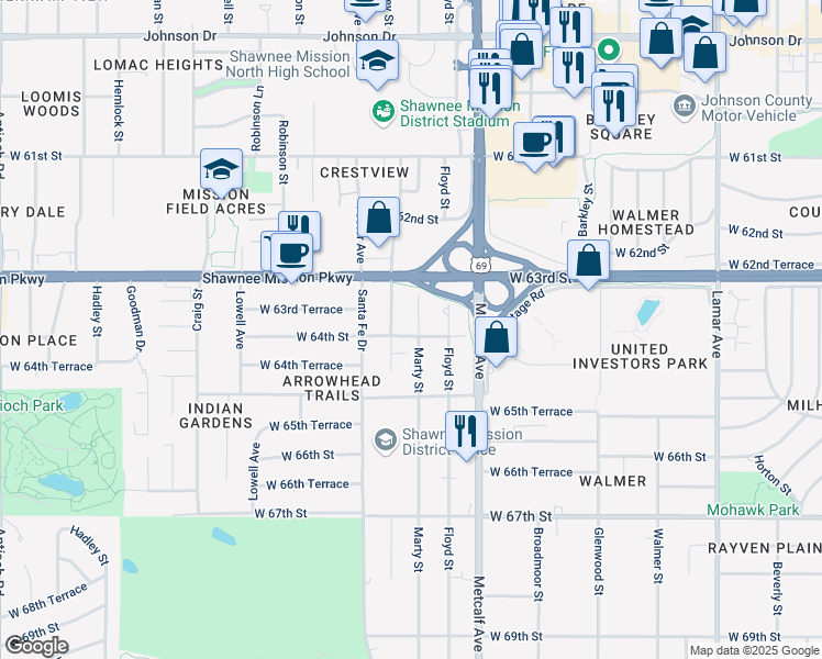 map of restaurants, bars, coffee shops, grocery stores, and more near 6337 Riley Street in Mission