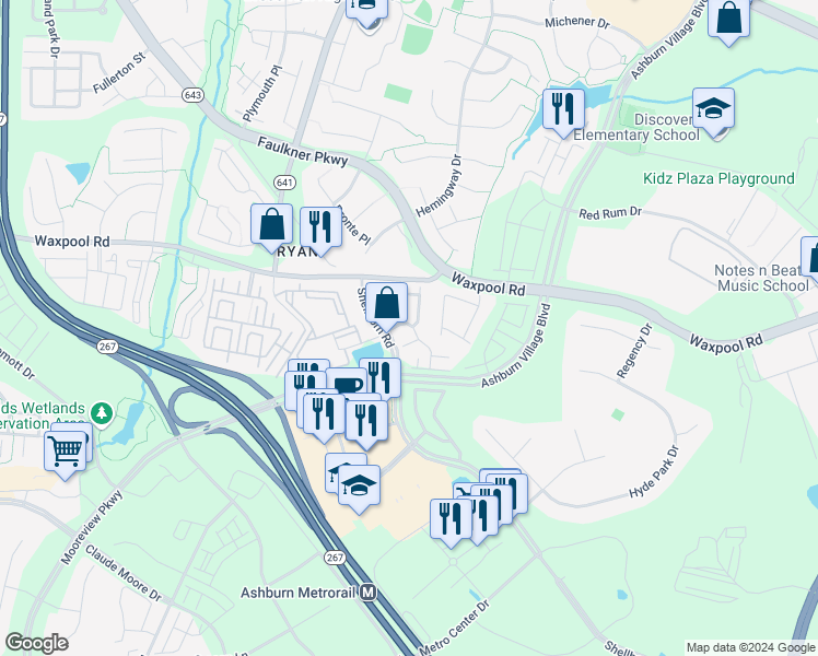 map of restaurants, bars, coffee shops, grocery stores, and more near 21801 Ryan Park Terrace in Ashburn