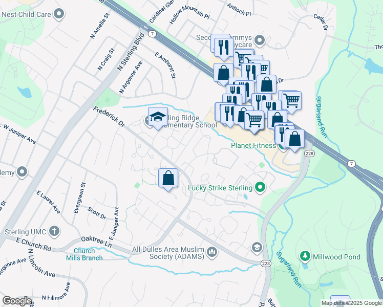 map of restaurants, bars, coffee shops, grocery stores, and more near 21805 Leatherleaf Circle in Sterling