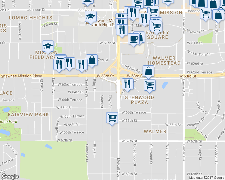 map of restaurants, bars, coffee shops, grocery stores, and more near 6345 Floyd Street in Overland Park