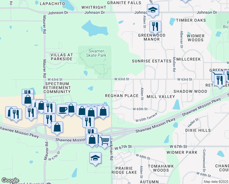 map of restaurants, bars, coffee shops, grocery stores, and more near 15001 West 64th Street in Shawnee