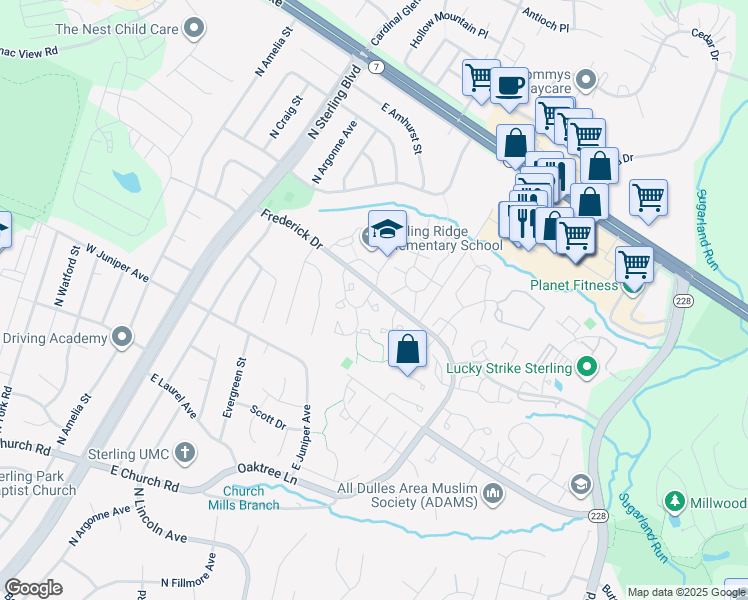 map of restaurants, bars, coffee shops, grocery stores, and more near 46692 Sandalwood Square in Sterling
