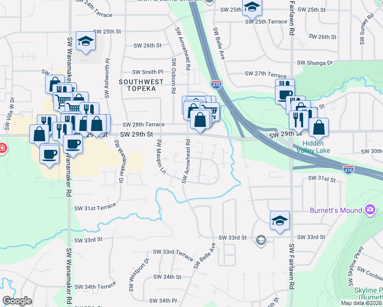 map of restaurants, bars, coffee shops, grocery stores, and more near 2925 Southwest Arrowhead Road in Topeka