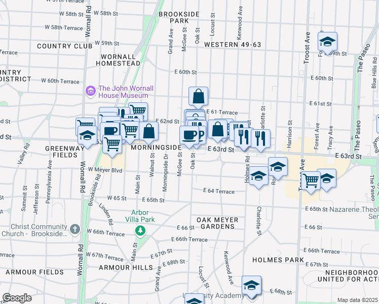 map of restaurants, bars, coffee shops, grocery stores, and more near 319 East 63rd Street in Kansas City