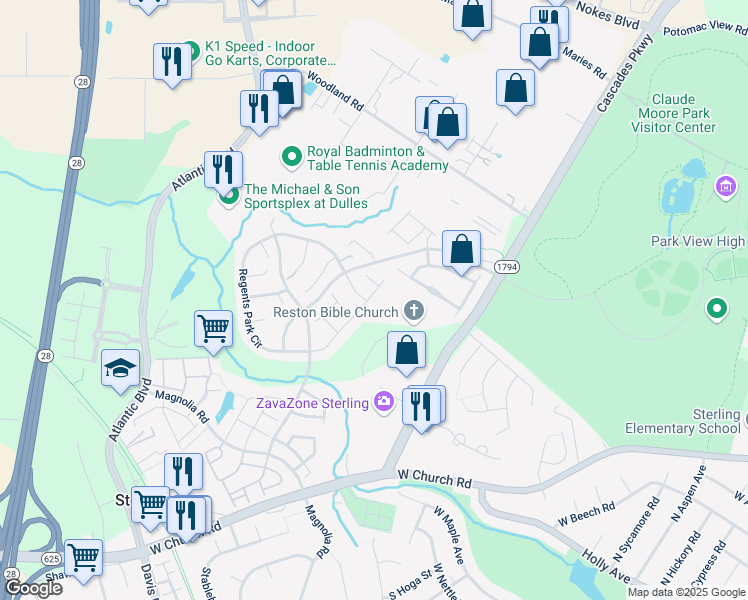 map of restaurants, bars, coffee shops, grocery stores, and more near 45715 Paddington Station Terrace in Sterling