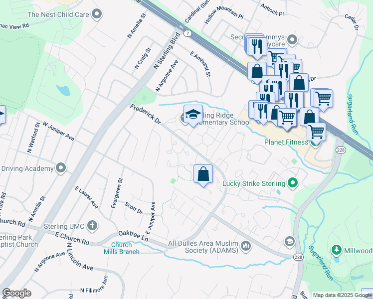 map of restaurants, bars, coffee shops, grocery stores, and more near 46692 Sandalwood Square in Sterling