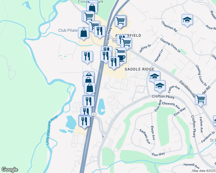 map of restaurants, bars, coffee shops, grocery stores, and more near 1412 Nutwood Court in Crofton