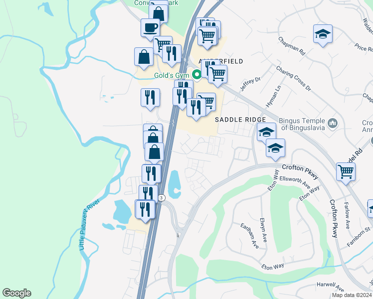 map of restaurants, bars, coffee shops, grocery stores, and more near 1410 Nutwood Court in Crofton