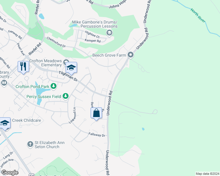 map of restaurants, bars, coffee shops, grocery stores, and more near 1627 Howard Chapel Court in Crofton