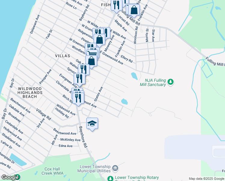 map of restaurants, bars, coffee shops, grocery stores, and more near 138 Oregon Avenue in Villas
