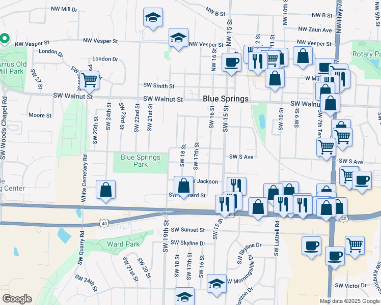 map of restaurants, bars, coffee shops, grocery stores, and more near 600 Southwest 17th Street in Blue Springs