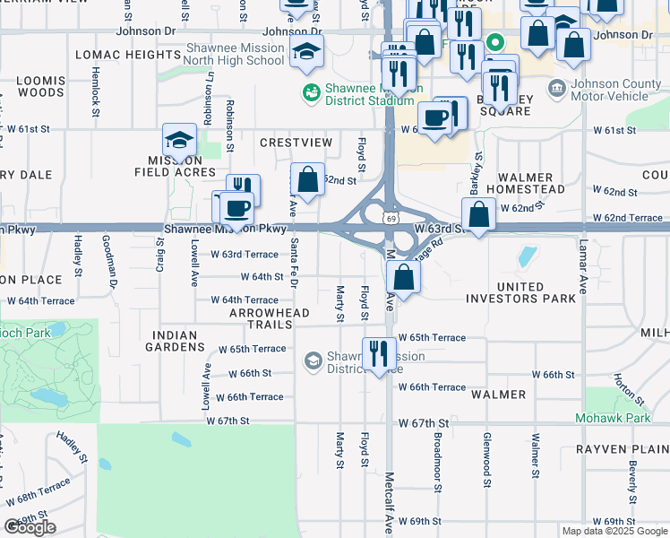 map of restaurants, bars, coffee shops, grocery stores, and more near 6337 Riley Street in Mission