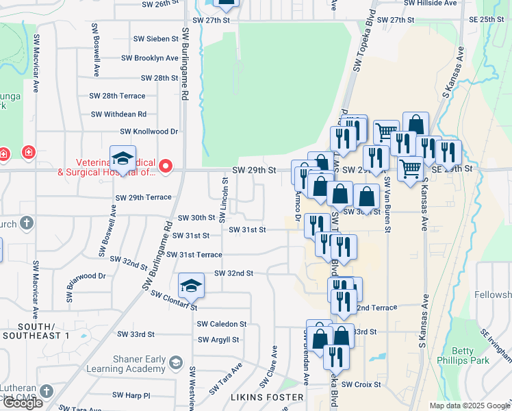 map of restaurants, bars, coffee shops, grocery stores, and more near 1205 Southwest 29th Street in Topeka